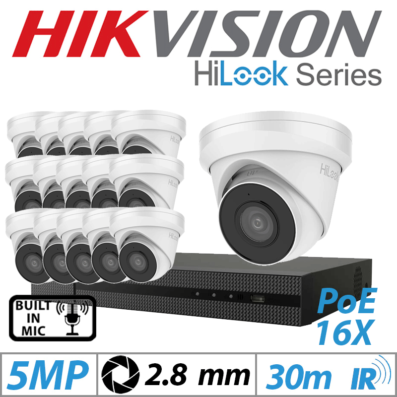 5MP 16CH HIKVISION HILOOK IP KIT - 16X DOME IP POE OUTDOOR CAMERA 2.8MM WHITE IPC-T250H-MU