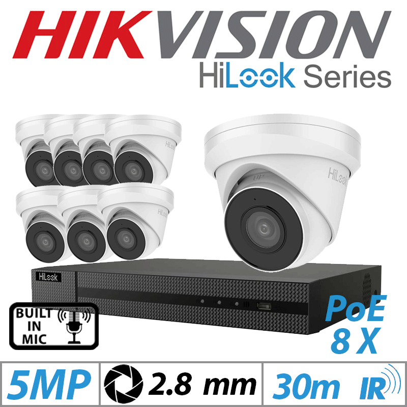 5MP 16CH HIKVISION HILOOK IP KIT - 8X DOME IP POE OUTDOOR CAMERA 2.8MM WHITE IPC-T250H-MU