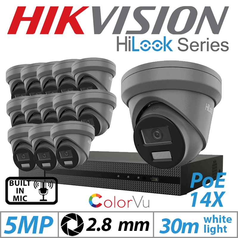 5MP 16CH HIKVISION HILOOK IP KIT - 14X DOME IP POE COLORVU OUTDOOR CAMERA WITH BUILT-IN MIC 2.8MM GREY IPC-T259H-MU(2.8MM)