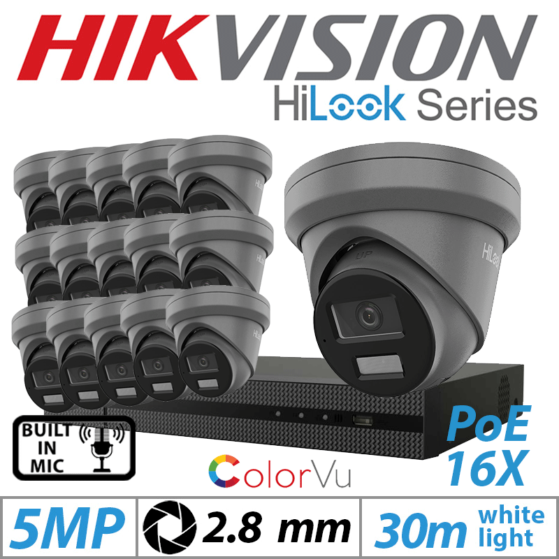 5MP 16CH HIKVISION HILOOK IP KIT - 16X DOME IP POE COLORVU OUTDOOR CAMERA WITH BUILT-IN MIC 2.8MM GREY IPC-T259H-MU(2.8MM)
