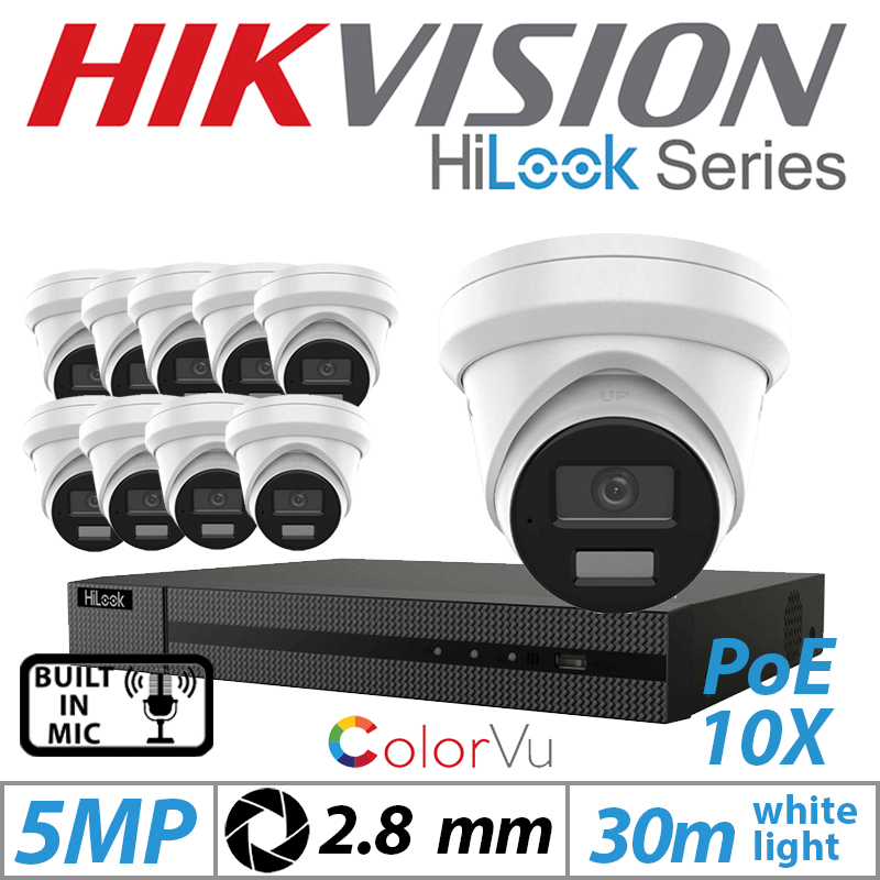 5MP 16CH HIKVISION HILOOK IP KIT - 10X DOME IP POE COLORVU OUTDOOR CAMERA WITH BUILT-IN MIC 2.8MM WHITE IPC-T259H-MU(2.8MM)