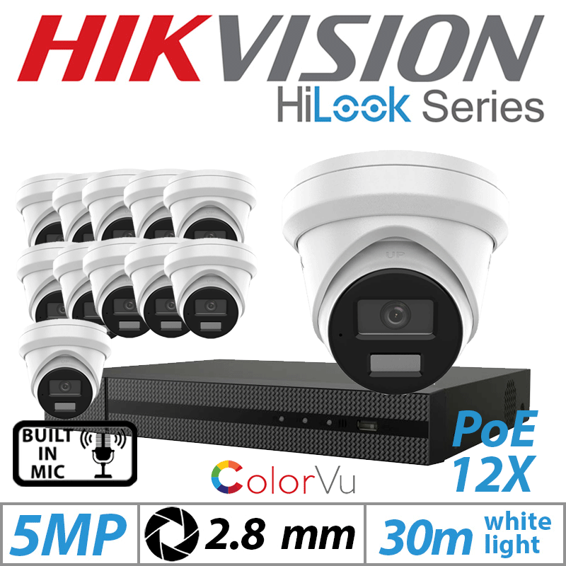 5MP 16CH HIKVISION HILOOK IP KIT - 12X DOME IP POE COLORVU OUTDOOR CAMERA WITH BUILT-IN MIC 2.8MM WHITE IPC-T259H-MU(2.8MM)