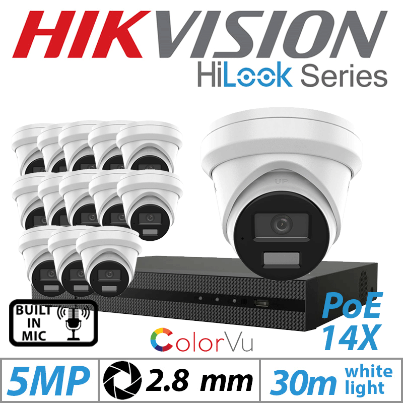 5MP 16CH HIKVISION HILOOK IP KIT - 14X DOME IP POE COLORVU OUTDOOR CAMERA WITH BUILT-IN MIC 2.8MM WHITE IPC-T259H-MU(2.8MM)