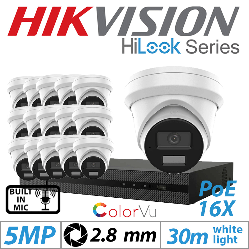 5MP 16CH HIKVISION HILOOK IP KIT - 16X DOME IP POE COLORVU OUTDOOR CAMERA WITH BUILT-IN MIC 2.8MM WHITE IPC-T259H-MU(2.8MM)
