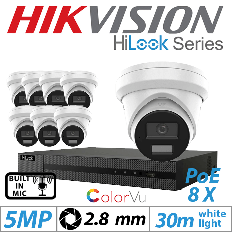 5MP 16CH HIKVISION HILOOK IP KIT - 8X DOME IP POE COLORVU OUTDOOR CAMERA WITH BUILT-IN MIC 2.8MM WHITE IPC-T259H-MU(2.8MM)