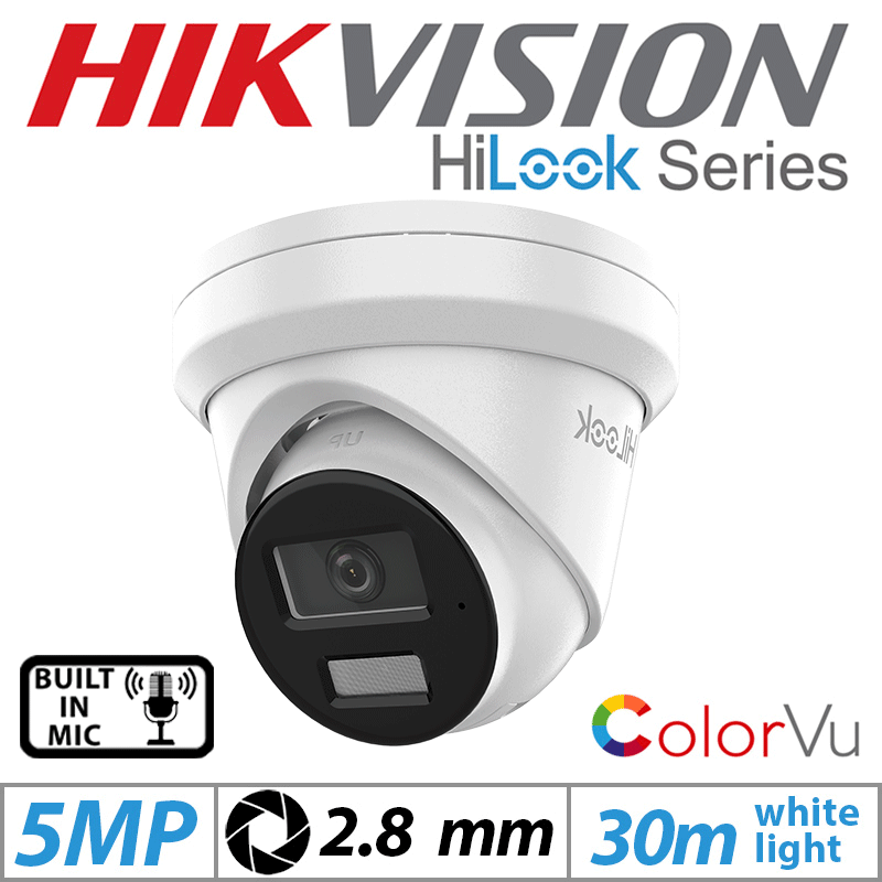 5MP HIKVISION HILOOK DOME IP POE COLORVU OUTDOOR CAMERA WITH BUILT-IN MIC 2.8MM WHITE IPC-T259H-MU(2.8MM)