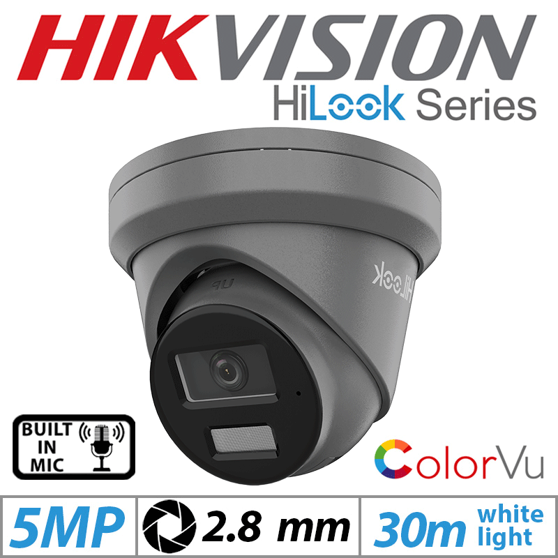 5MP HIKVISION HILOOK DOME IP POE COLORVU OUTDOOR CAMERA WITH BUILT-IN MIC 2.8MM GREY IPC-T259H-MU(2.8MM)