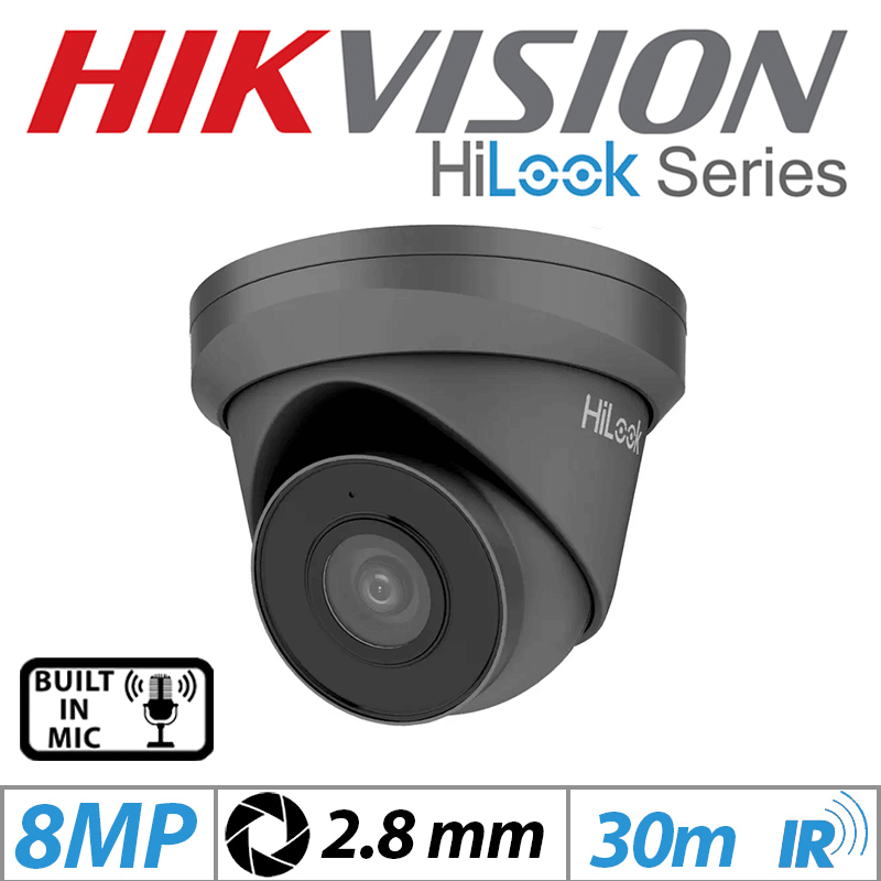8MP HIKVISION HILOOK IP METAL TURRET CAMERA WITH BUILT IN MIC 2.8MM IPC-T280H-MUF GREY