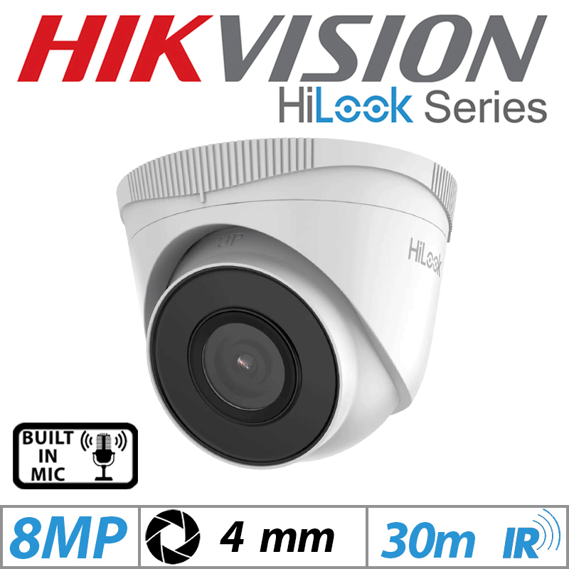 8MP HIKVISION HILOOK DOME IP POE OUTDOOR CAMERA WITH BUILT IN MIC 4MM WHITE IPC-T280H-UF GRADED ITEM