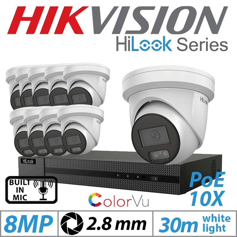8MP 16CH HIKVISION HILOOK IP KIT - 10X COLORVU IP POE TURRET CAMERA WITH BUILT IN MIC 2.8MM IPC-T289H-MU