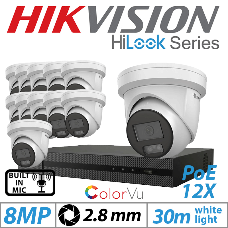 8MP 16CH HIKVISION HILOOK IP KIT - 12X COLORVU IP POE TURRET CAMERA WITH BUILT IN MIC 2.8MM IPC-T289H-MU