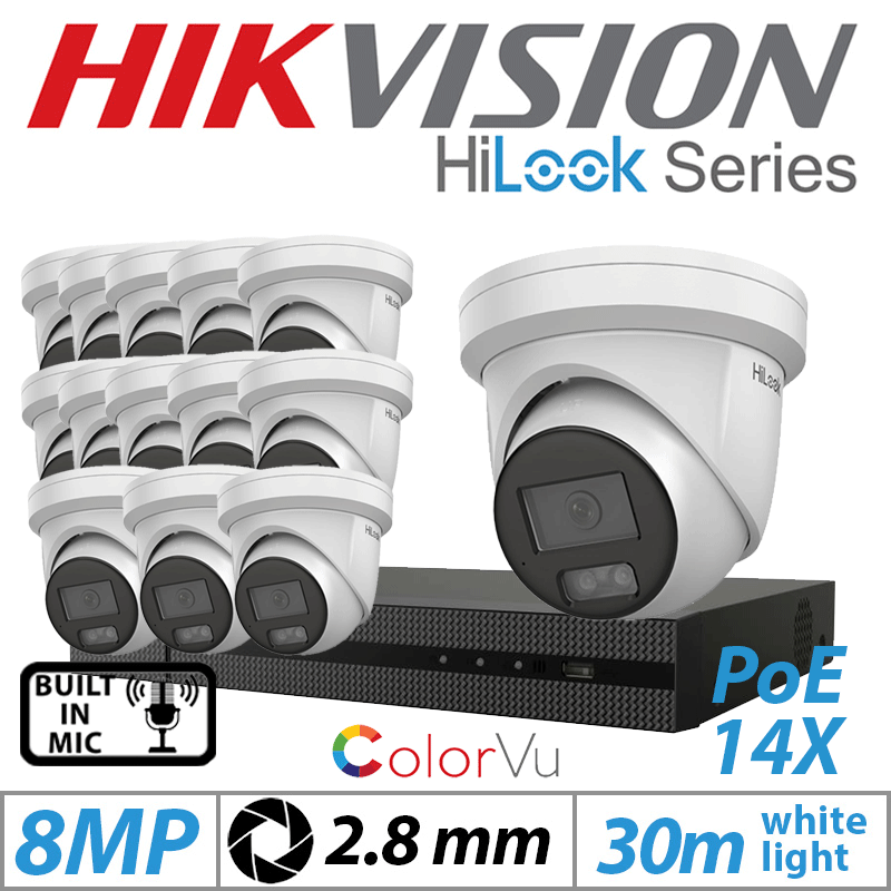 8MP 16CH HIKVISION HILOOK IP KIT - 14X COLORVU IP POE TURRET CAMERA WITH BUILT IN MIC 2.8MM IPC-T289H-MU