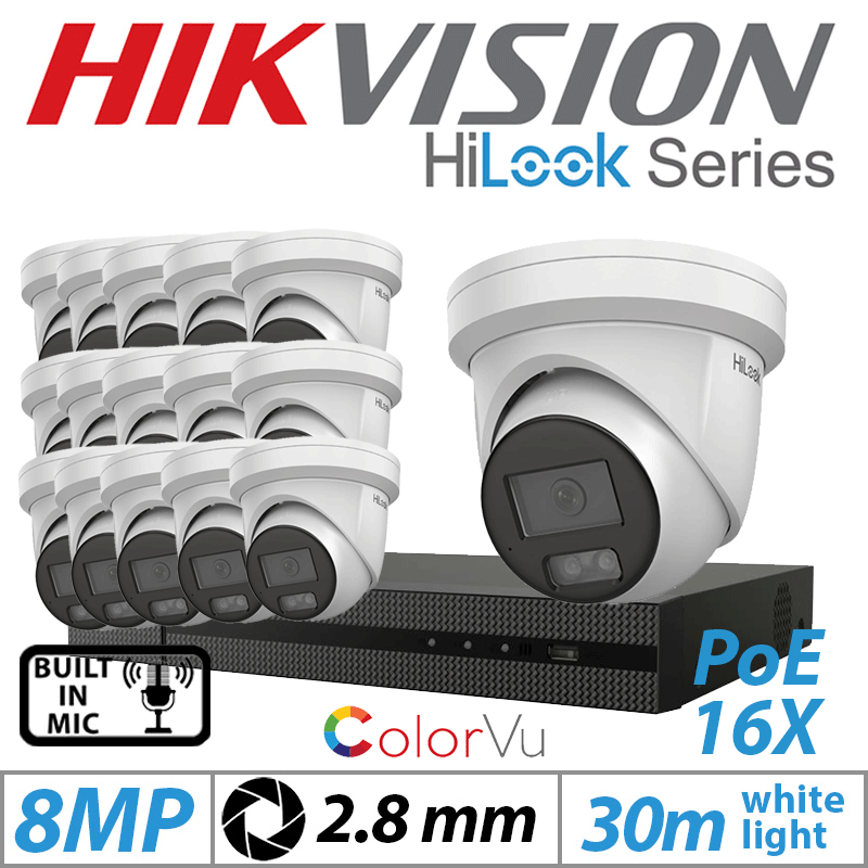 8MP 16CH HIKVISION HILOOK IP KIT - 16X COLORVU IP POE TURRET CAMERA WITH BUILT IN MIC 2.8MM IPC-T289H-MU