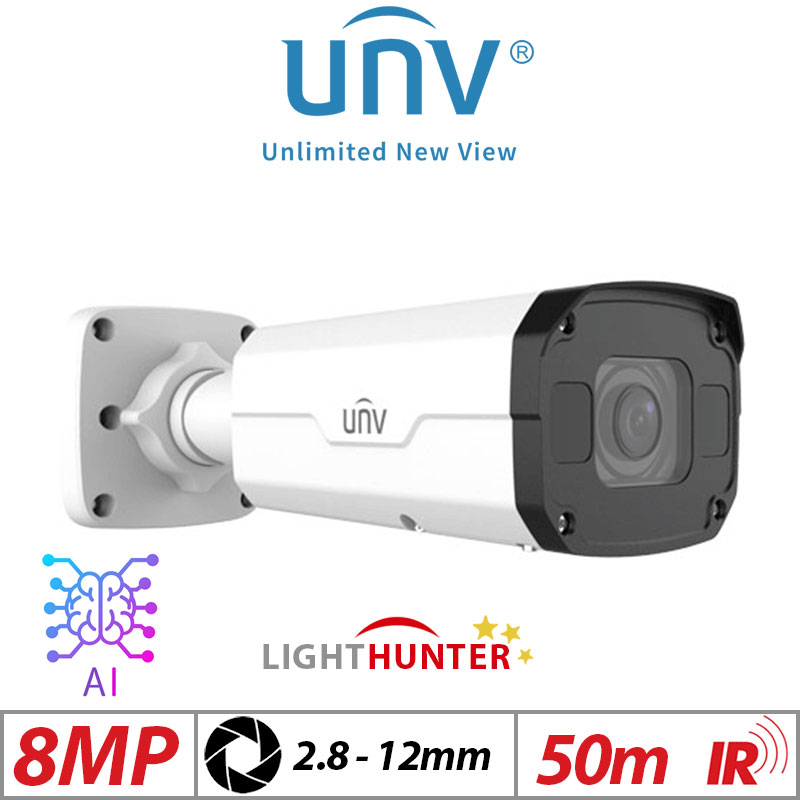 8MP UNIVIEW LIGHTERHUNTER INTELLIGENT BULLET NETWORK CAMERA WITH DEEP LEARNING ARTIFICIAL INTELLIGENCE AND 2 WAY AUDIO WHITE 2.8-12MM IPC2328SB-DZK-I0