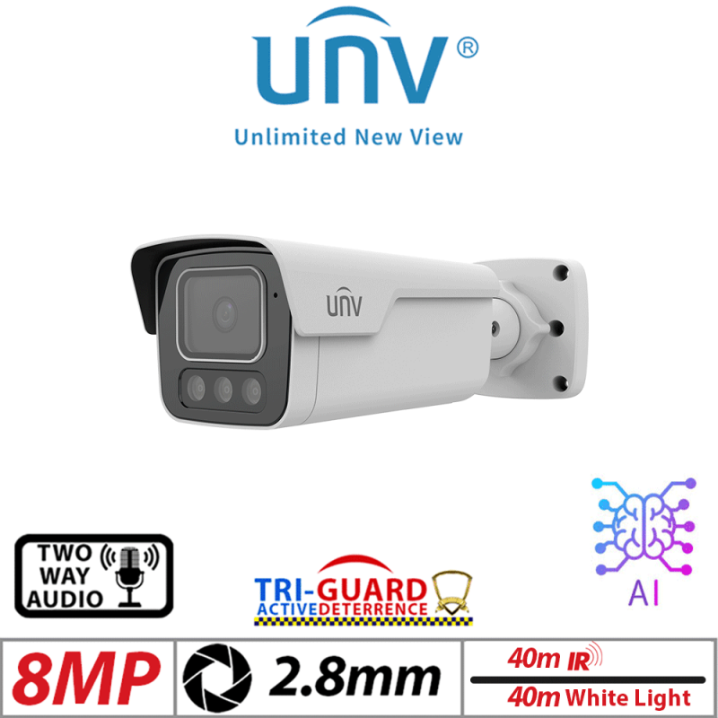 8MP UNIVIEW Tri-Guard 2.0 Series DEEP LEARNING BULLET NETWORK CAMERA WHITE 2.8MM IPC2B18SS-ADF28KMC-I1
