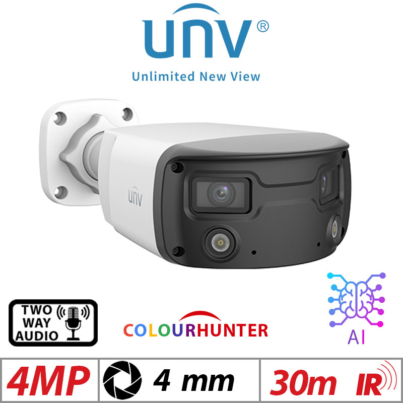 ‌‌‌4MP (2X 4MP) UNIVIEW COLORHUNTER - 24/7 COLOUR - HD WIDE ANGLE FIXED BULLET NETWORK CAMERA WITH DEEP LEARNING ARTIFICIAL INTELLIGENCE AND 2 WAY AUDIO DUAL LENS 4MM IPC2K24SE-ADF40KMC-WL-I0