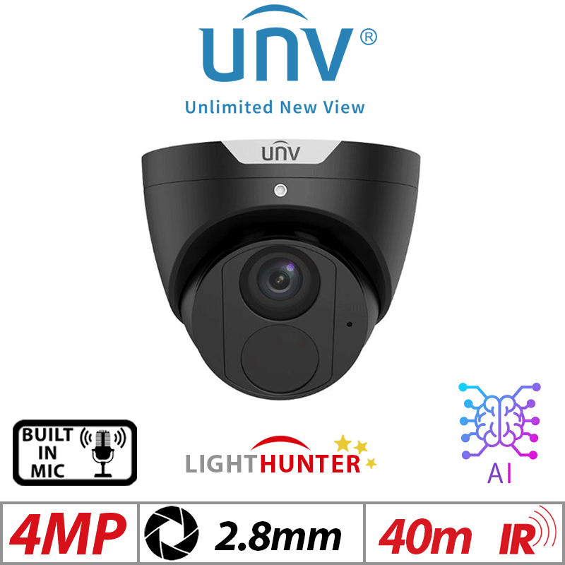 4MP UNIVIEW LIGHT HUNTER DOME NETWORK CAMERA WITH BUILT IN MIC AND WITH DEEP LEARNING ARTIFICIAL INTELLIGENCE BLACK 2.8MM IPC3614SS-ADF28KM-I0-BLACK