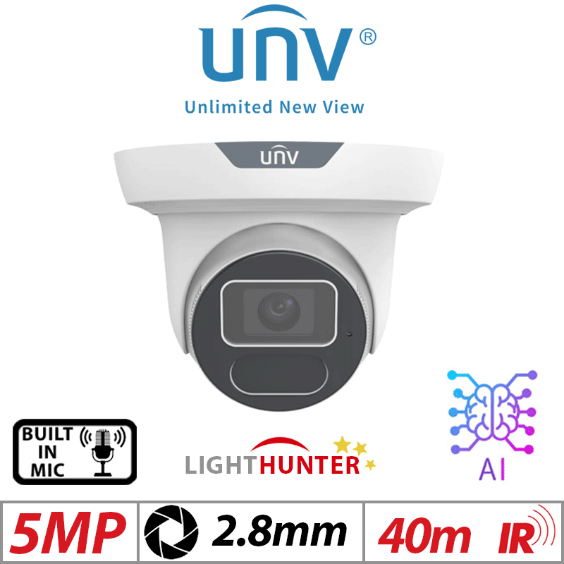 5MP UNIVIEW LIGHTHUNTER IR FIXED EYEBALL NETWORK CAMERA WITH DEEP LEARNING ARTIFICIAL INTELLIGENCE 2.8MM WHITE IPC3615SS-ADF28K-I1