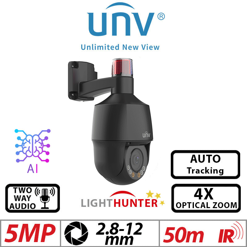 ‌‌5MP UNIVIEW LIGHTHUNTER ACTIVE DETERRENCE 4X OPTICAL ZOOM MINI AUTO TRACKING NETWORK PTZ CAMERA WITH DEEP LEARNING ARTIFICIAL INTELLIGENCE 2 WAY AUDIO 2.8-12MM  IR AND WARM LIGHT BLACK IPC675LFW-AX4DUPKC-VG-BLACK