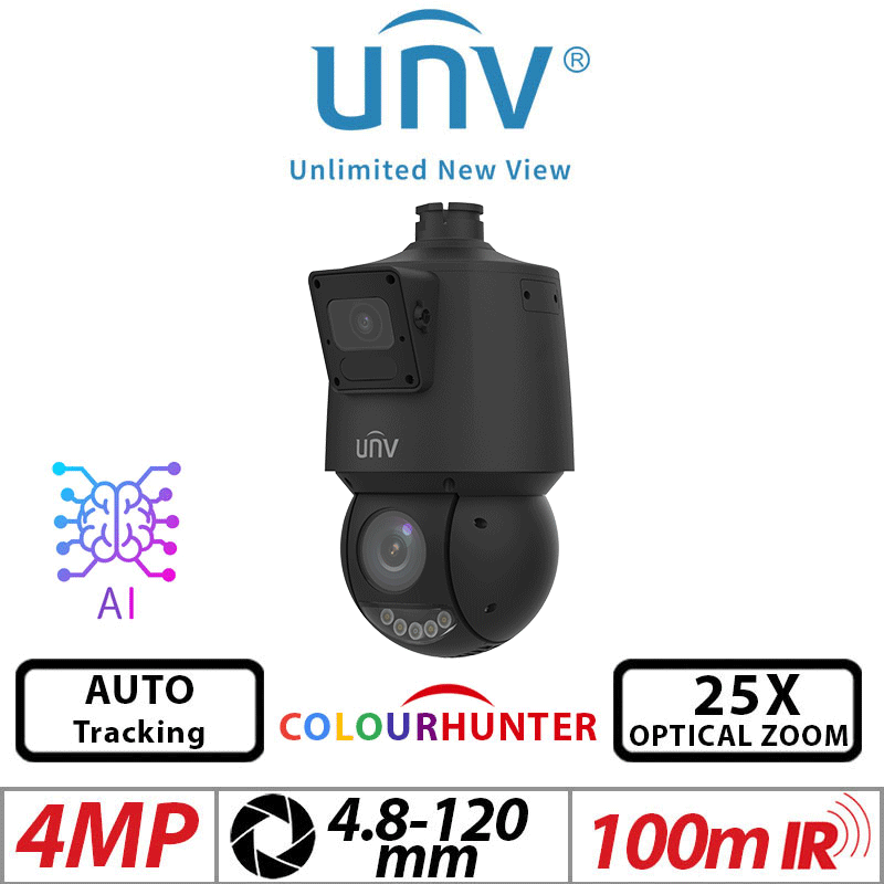 ‌‌2X4MP UNIVIEW COLORHUNTER 25X OPTICAL ZOOM AUTO TRACKING NETWORK PTZ CAMERA  WITH DEEP LEARNING ARTIFICIAL INTELLIGENCE 4 AND 4.8-120MM IR AND WARM LIGHT ILLUMINATION IPC94144SFW-X25-F40C-BLACK