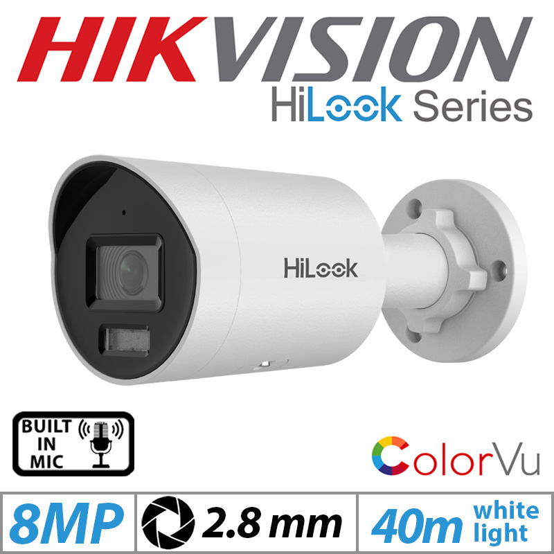 8MP HIKVISION HILOOK COLORVU IP POE BULLET CAMERA WITH BUILT IN MIC 2.8MM IPC-B189H-MU