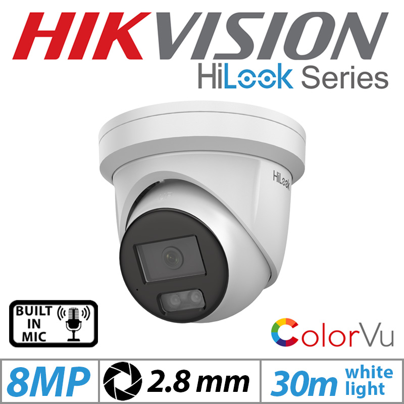 8MP HIKVISION HILOOK COLORVU IP POE TURRET CAMERA WITH BUILT IN MIC 2.8MM IPC-T289H-MU