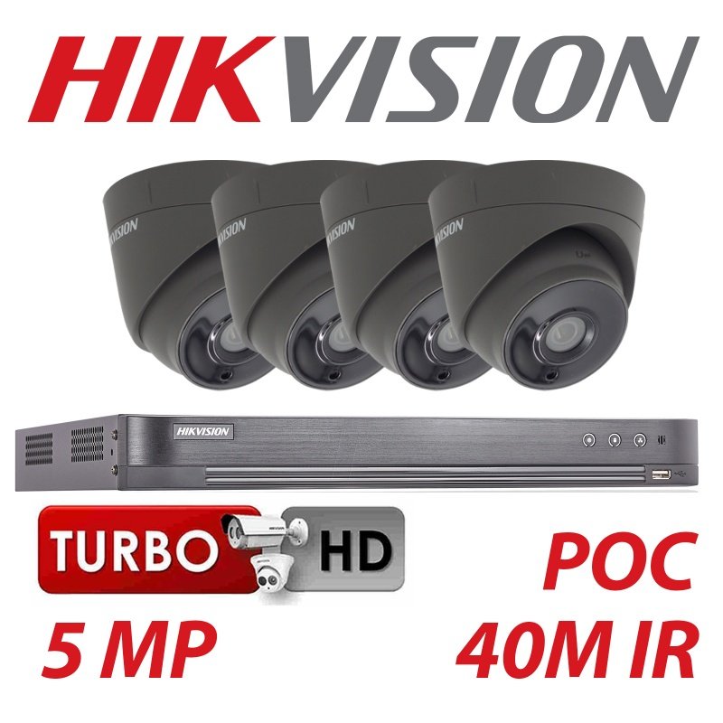 5MP HIKVISION POC SYSTEM 4X CAMERAS WITH BNC CABLE KIT GREY