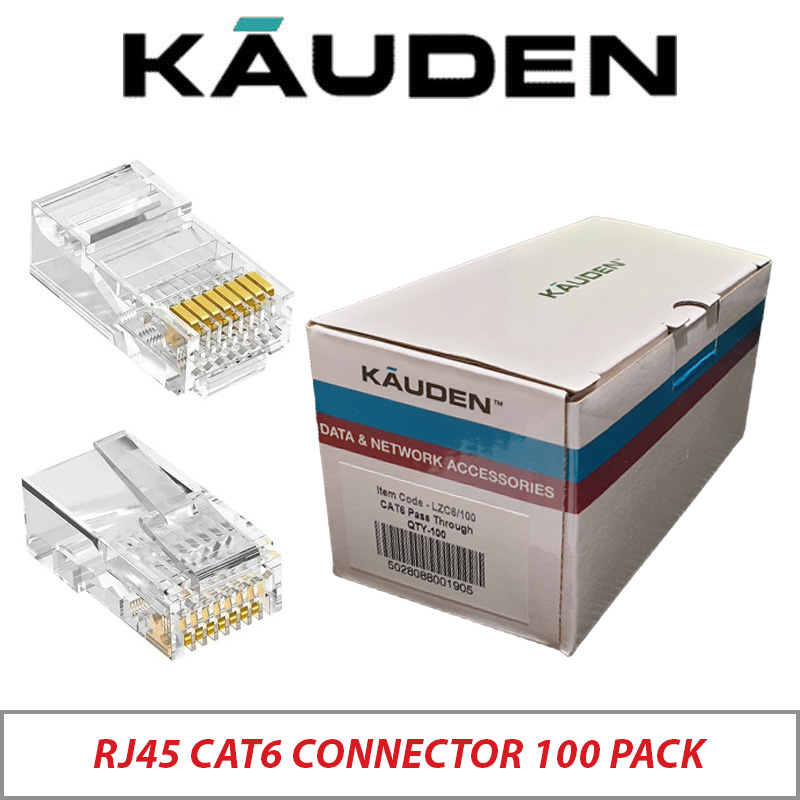 RJ45 CONNECTOR CAT6 100 PACK 8P-8C COPPER PIN GOLD PLATED PASS THROUGH