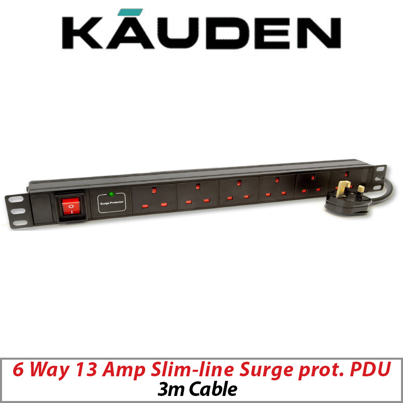 KAUDEN 6 WAY 13 AMP SLIMLINE SURGE PROTECTED POWER DISTRIBUTION UNIT PDU6/SGE
