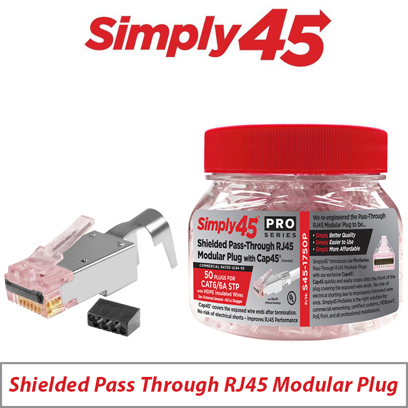 SIMPLY45 PRO SERIES PASS THROUGH SHIELDED HI/LO STAGGER CAT6/6A STP WITH CAP45 RED TINT - 50 PIECE JAR