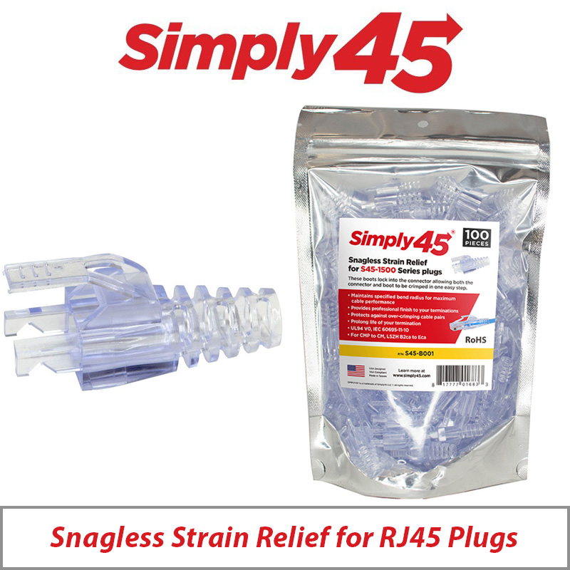 SIMPLY45 STRAIN RELIEFS FOR S45 BRAND CAT5E UTP PASS THROUGH AND STANDARD PLUGS - 100 PIECE BAG