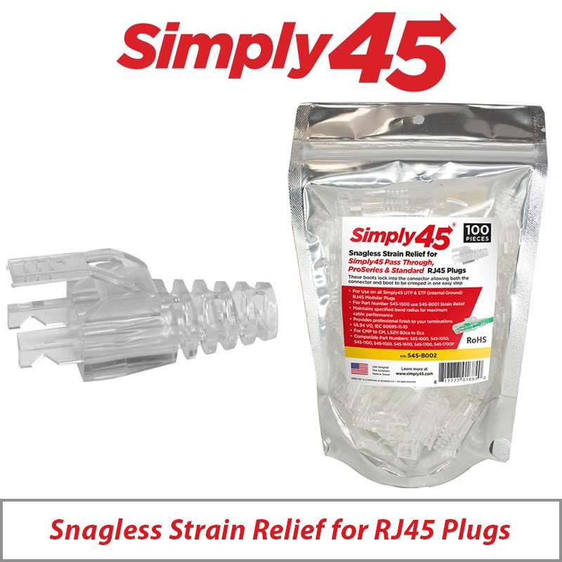 SIMPLY45 STRAIN RELIEFS FOR S45 PASS THROUGH CAT6/6A UTP, CAT5E STP PLUGS - 100 PIECE BAG