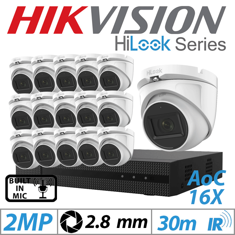 2MP 16CH HIKVISION HILOOK - 16X DOME OUTDOOR AOC CAMERA WITH BUILT IN MIC 2.8MM WHITE THC-T120-MS