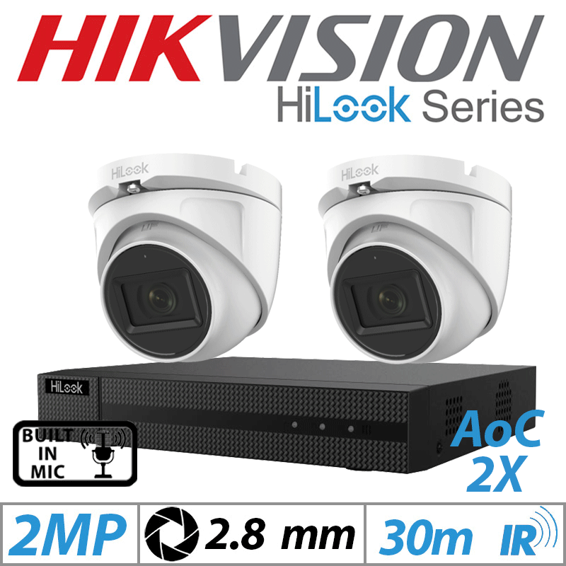 2MP 4CH HIKVISION HILOOK - 2X DOME OUTDOOR AOC CAMERA WITH BUILT IN MIC 2.8MM WHITE THC-T120-MS