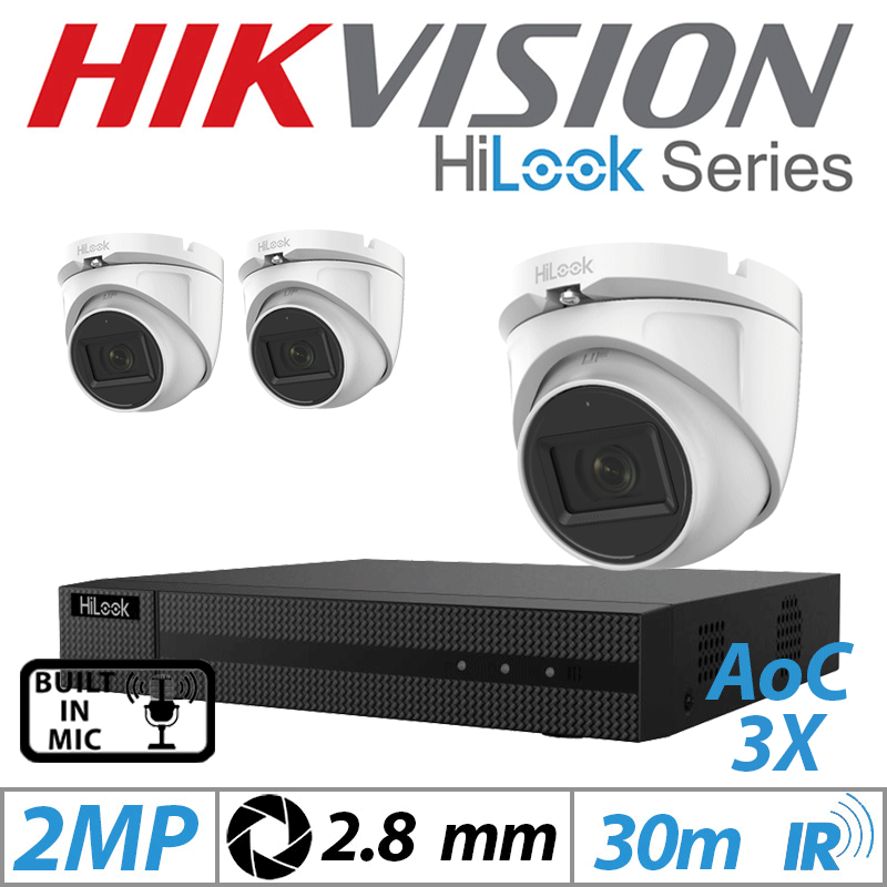 2MP 4CH HIKVISION HILOOK - 3X DOME OUTDOOR AOC CAMERA WITH BUILT IN MIC 2.8MM WHITE THC-T120-MS