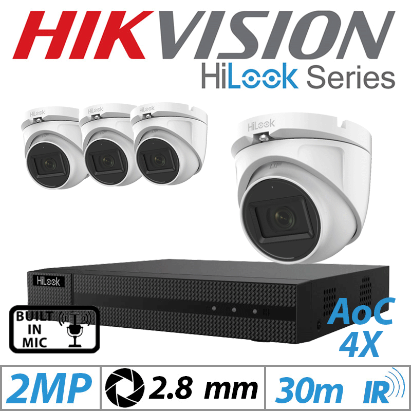 2MP 4CH HIKVISION HILOOK - 4X DOME OUTDOOR AOC CAMERA WITH BUILT IN MIC 2.8MM WHITE THC-T120-MS