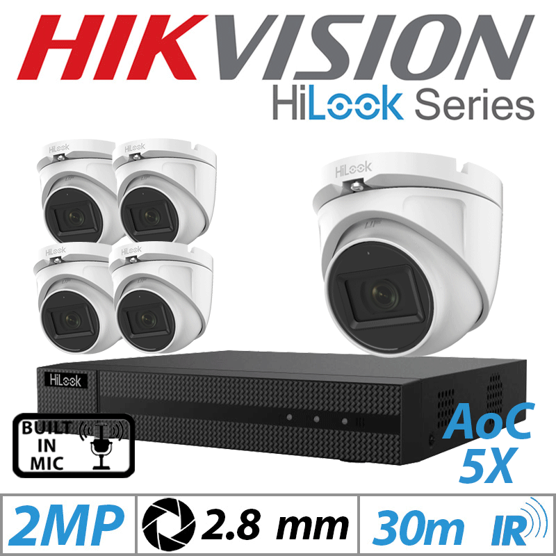 2MP 8CH HIKVISION HILOOK - 5X DOME OUTDOOR AOC CAMERA WITH BUILT IN MIC 2.8MM WHITE THC-T120-MS