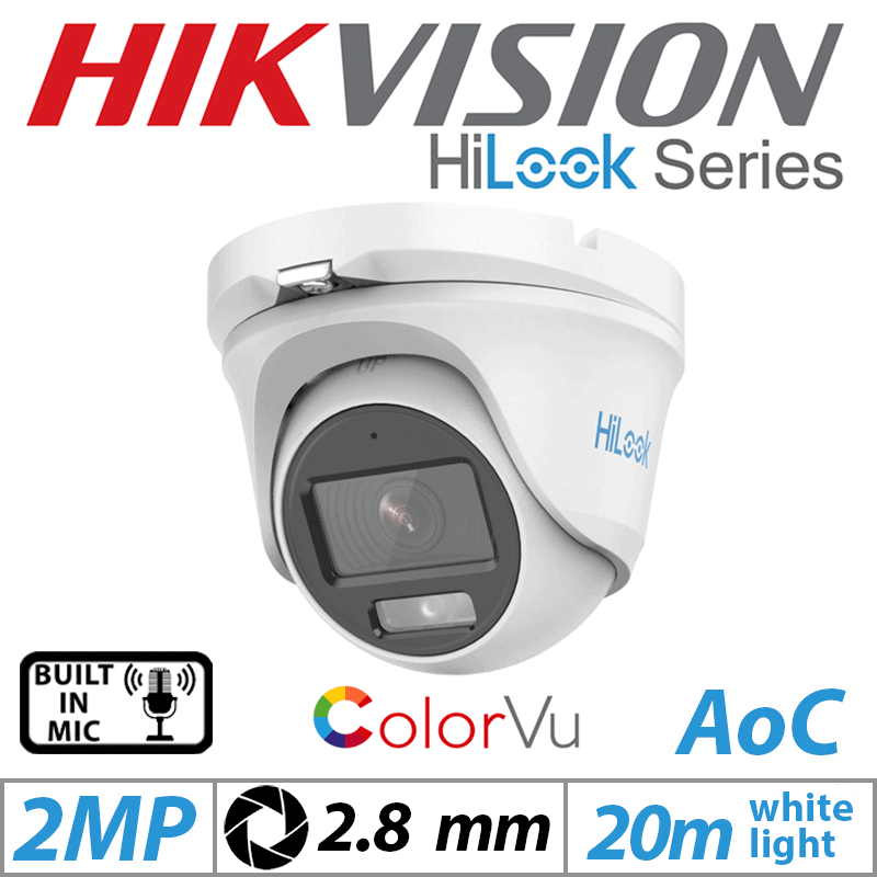 2MP HIKVISION HILOOK DOME OUTDOOR COLORVU CAMERA 2.8MM AOC WHITE THC-T129-MS-2.8MM-WHITE