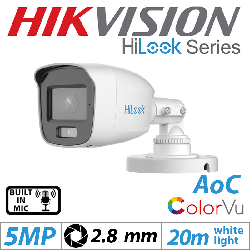 5MP-3K HIKVISION HILOOK COLORVU BULLET AOC CAMERA WITH BUILT IN MIC 2.8MM WHITE THC-B159-MS GRADED ITEM