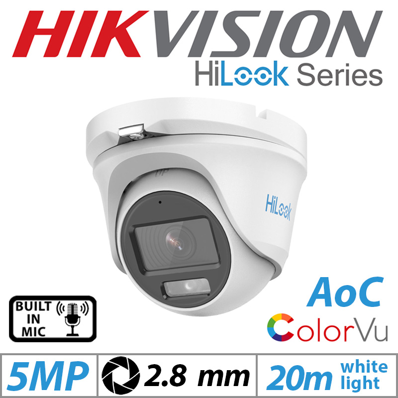 3K HIKVISION HILOOK COLORVU DOME OUTDOOR AOC CAMERA WITH BUILT IN MIC 2.8MM WHITE THC-T159-MS