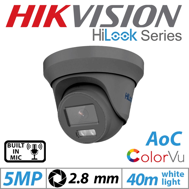 5MP-3K HIKVISION HILOOK COLORVU DOME OUTDOOR AOC CAMERA WITH BUILT IN MIC 2.8MM GREY THC-T259-MS-2.8MM-GREY