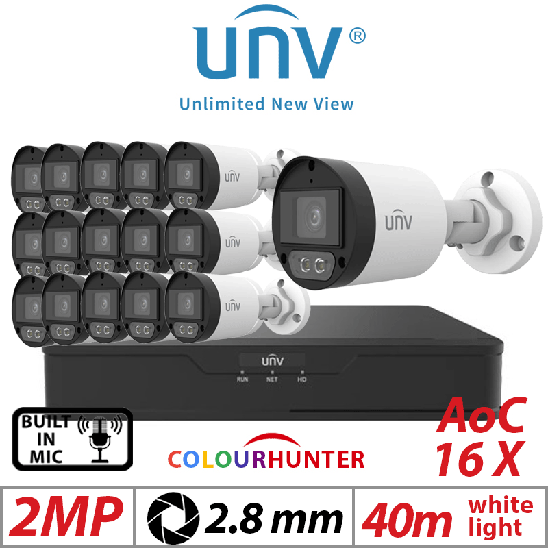 2MP 16CH UNIVIEW - 16X COLORHUNTER - 24/7 COLOR- HD FIXED MINI BULLET ANALOG CAMERA WHITE 2.8MM UAC-B122-AF28M-W