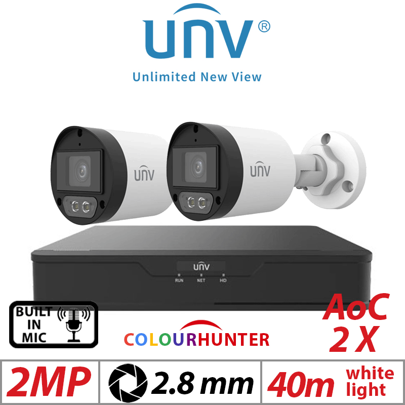 2MP 4CH UNIVIEW - 2X COLORHUNTER - 24/7 COLOR- HD FIXED MINI BULLET ANALOG CAMERA WHITE 2.8MM UAC-B122-AF28M-W