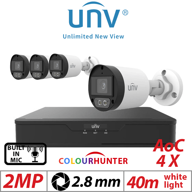 2MP 4CH UNIVIEW - 4X COLORHUNTER - 24/7 COLOR- HD FIXED MINI BULLET ANALOG CAMERA WHITE 2.8MM UAC-B122-AF28M-W