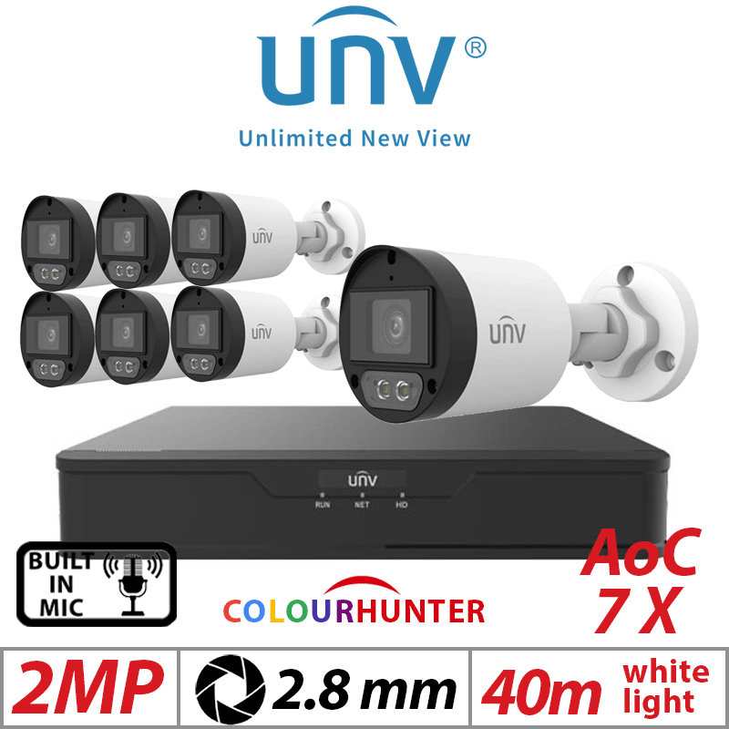 2MP 8CH UNIVIEW - 7X COLORHUNTER - 24/7 COLOR- HD FIXED MINI BULLET ANALOG CAMERA WHITE 2.8MM UAC-B122-AF28M-W