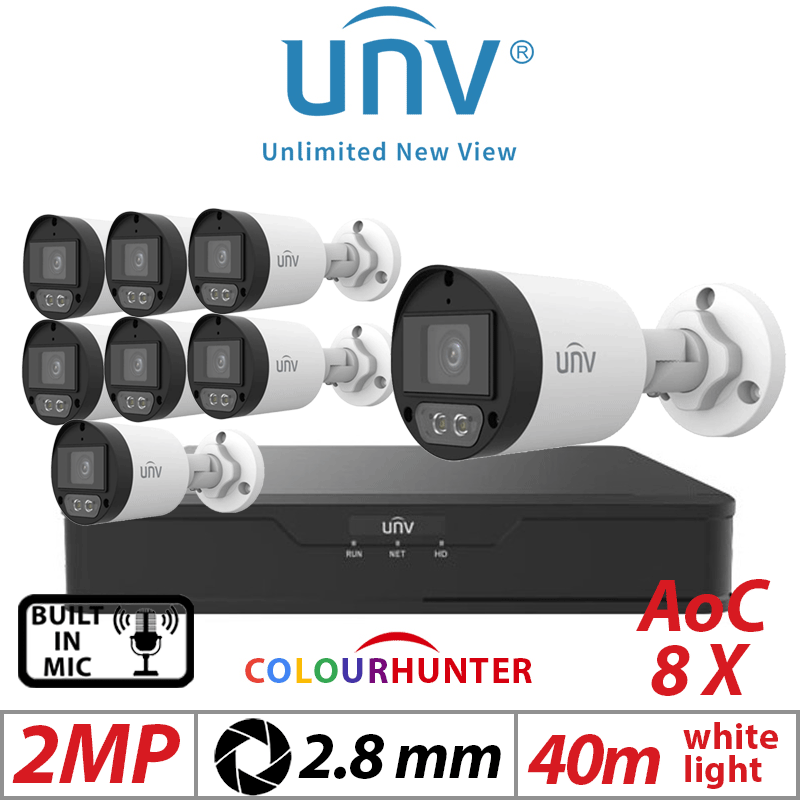 2MP 8CH UNIVIEW - 8X COLORHUNTER - 24/7 COLOR- HD FIXED MINI BULLET ANALOG CAMERA WHITE 2.8MM UAC-B122-AF28M-W