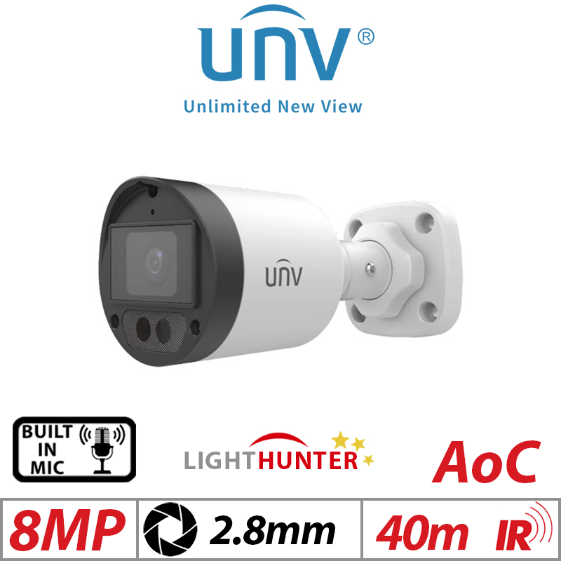 8MP UNIVIEW LIGHTHUNTER FIXED MINI BULLET ANALOG CAMERA WITH BUILT-IN MIC WHITE 2.8MM