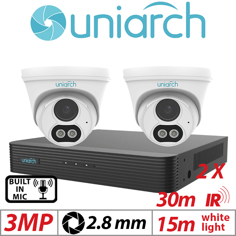 3MP 4CH UNIARCH KIT - 2X - FIXED DUAL-LIGHT TURRET NETWORK CAMERA WITH BUILT IN MIC 2.8MM UNIARCH-IPC-T213-APF28W
