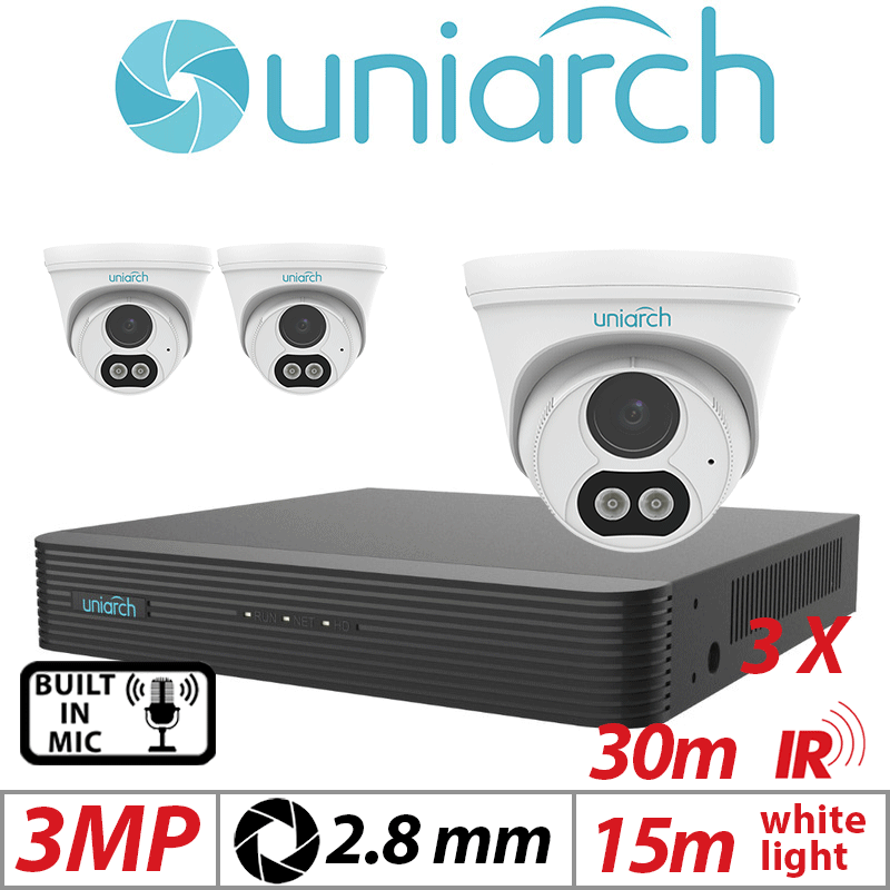 3MP 4CH UNIARCH KIT - 3X - FIXED DUAL-LIGHT TURRET NETWORK CAMERA WITH BUILT IN MIC 2.8MM UNIARCH-IPC-T213-APF28W