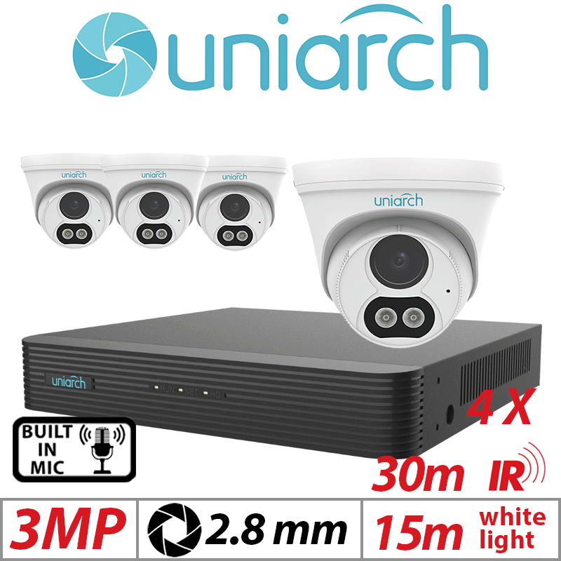3MP 8CH UNIARCH KIT - 4X - FIXED DUAL-LIGHT TURRET NETWORK CAMERA WITH BUILT IN MIC 2.8MM UNIARCH-IPC-T213-APF28W